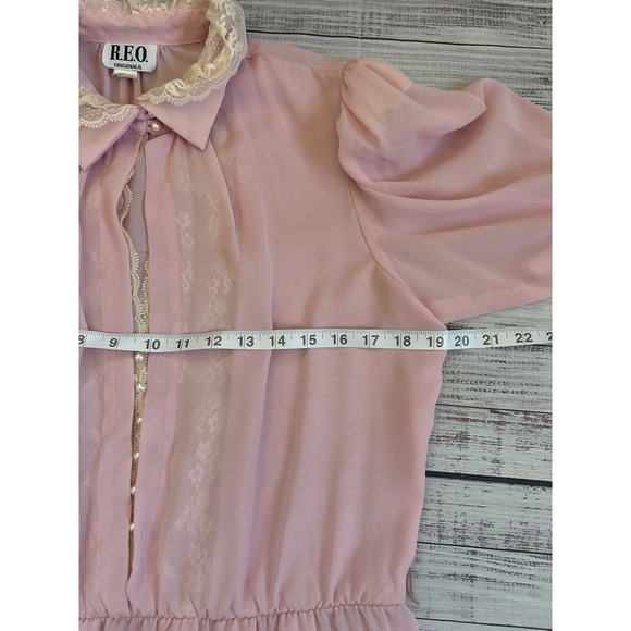 Vintage REO Originals Pink Lace Midi Dress Pearl Button Long Sleeve ILGWU USA 16 - Picture 6 of 10